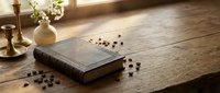 Vintage leather-bound book with scattered coffee beans on rustic wooden table in warm sunlight creating cozy reading atmosphere for cafes and literature.
