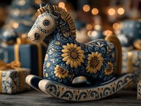 Decorative ceramic rocking horse with intricate blue and gold floral patterns sits among wrapped gifts with warm bokeh lights creating festive atmosphere.