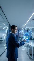 Professional businessman interacting with digital FAQ interface and question mark icons in modern office environment for customer service solutions.