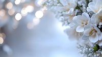 White gardenia flowers with soft bokeh lights creating romantic atmosphere against blurred blue background, copy space for wedding or celebration design.