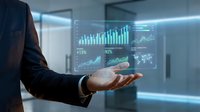 Businessman in dark suit displaying holographic financial data with bar charts and graphs, representing digital analytics and business growth in modern corporate environment.