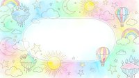 Pastel rainbow sky frame with sun moon stars clouds hot air balloons and cupcakes on watercolor background with white oval copy space for text design.