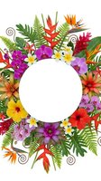 Tropical floral frame with exotic flowers, palm leaves and ferns surrounding white circle space for text or logo on isolated background.