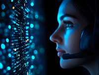 Young female customer service representative in profile with headset against digital data visualization background illuminated by blue technology lights.