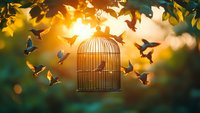 Birds flying free from golden cage at sunset with magical bokeh lights and autumn leaves, symbolizing liberation, freedom, and spiritual awakening.