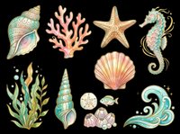 Watercolor ocean clipart set with seashells, coral, starfish, seahorse, seaweed, and waves, isolated on transparent background, ready for stickers, t-shirts, and print on demand.