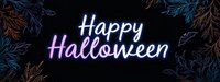 Glowing neon Happy Halloween text sign with autumn leaves silhouettes on dark background, modern festive holiday banner design for seasonal decoration.