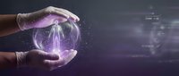 Hands holding glowing purple energy sphere with digital particles and tech interface elements, representing innovation, technology, and future concepts.