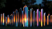 Luminous crystal formations in vibrant neon colors against dark background create modern cityscape silhouette effect, glowing with orange, blue and pink hues.