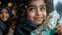 Young mixed race girl with curly hair smiling while wearing winter scarf, catching snowflakes during magical snowy evening with bokeh lights and festive atmosphere.