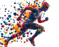Running figure formed by colorful particles in motion against white background, dynamic sports silhouette composed of vibrant blue, red and orange spheres.