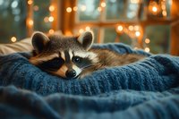 Cute raccoon resting on cozy blue knit blanket with warm bokeh lights in background, perfect for wildlife and comfort-themed designs.