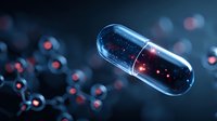 Transparent medical capsule with glowing red particles inside against dark molecular structure background for pharmaceutical research and drug development.