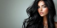Young woman with flowing dark wavy hair, glowing skin and natural makeup against gray background. Professional beauty portrait showcasing healthy shiny hairstyle.