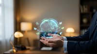 Businessman holding holographic Earth globe with network connections in modern office environment showcasing global business technology and connectivity.