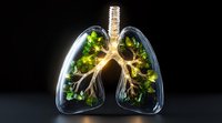 Glowing tree-like bronchial structure inside transparent lung shape with green foliage elements against dark background, representing breath and nature connection.