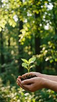 Hands holding young seedling with soil against blurred green foliage background, symbolizing growth, environmental care, and sustainable development for eco-friendly projects.