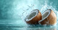 Fresh coconut halves with splashing water and dynamic motion against turquoise background, raw organic tropical fruit with milk splash for healthy food concept.