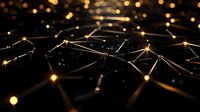 Abstract network of glowing golden connection points and lines against dark background creating futuristic technology pattern with bokeh light effects.