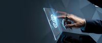 Businessman touching glowing dollar sign on futuristic digital screen, symbolizing finance, investment, and modern technology in business.