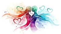 Abstract watercolor heart shapes flowing in rainbow gradient colors with romantic swirls and splashes isolated on white background for love designs.