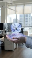 Businessman hand holding glowing digital shield hologram in modern office representing cybersecurity data protection and business security solutions.