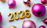 Golden 2026 number surrounded by pink and rose gold Christmas baubles on light background, festive holiday composition for New Year celebration.