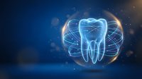 Futuristic dental care concept with glowing tooth hologram surrounded by digital rings on blue technology background for medical presentations.