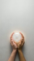 Hands holding glowing orb against neutral background, symbolizing innovation, ideas, energy, and future vision for business and technology concepts.