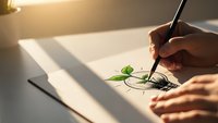Hand drawing green plant sprout with pen on white paper in warm sunlight, symbolizing growth, creativity, and new beginnings for business and environmental concepts.