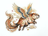 Winged squirrel with ornate feathered wings and flowing tail, surrounded by decorative clouds in warm earth tones. Isolated fantasy creature artwork for design projects.