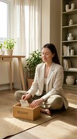 Young professional woman in beige suit meditating at home office with delegate wooden box, practicing mindfulness and stress relief in modern workspace.