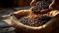 Fresh roasted coffee beans in burlap sack with hands cupping beans, warm lighting creates cozy atmosphere for cafe and beverage industry marketing materials.