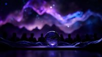 Mystical crystal ball glowing on dark surface with vibrant purple and blue aurora lights dancing across starry night sky creating magical atmosphere.