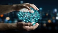 Hands protecting glowing digital brain network with connected nodes representing artificial intelligence, machine learning and neural technology innovation.