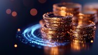 Stacked golden coins on glowing digital blue circle background with bokeh lights, representing cryptocurrency and digital finance concept in modern economy.