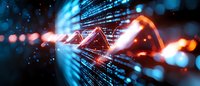 Abstract digital technology background with glowing triangular shapes and binary code streams in blue and orange colors creating futuristic network visualization.
