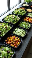 Assorted fresh vegetables in black containers arranged on counter by window, including mixed greens, cucumbers, and cherry tomatoes for meal prep or catering service.