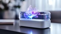 Glowing holographic flower blooms in transparent display case with blue and purple neon lights, futuristic technology concept on dark surface.