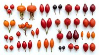 Assorted red and orange rose hips, hawthorn berries, and wild fruit varieties isolated on white background, ready for botanical, culinary, and design applications.