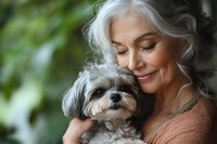 Mature woman with silver hair embracing small fluffy dog while smiling warmly. Natural light and green background create peaceful atmosphere for pet companionship concept.