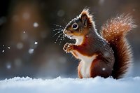 Red squirrel sitting in snow with frost on whiskers, winter wildlife scene suitable for seasonal greeting cards, nature calendars and holiday marketing materials.