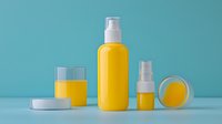 Yellow cosmetic containers and bottles on turquoise background. Minimalist skincare product mockup set with spray bottle, jar and cream tube for beauty branding.
