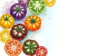 Colorful heirloom tomato varieties with cross-sections showing seeds and flesh patterns on white background for culinary and gardening designs.