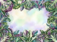 Watercolor frame featuring fresh broccoli and purple cauliflower arranged in corners with green leaves on white background. Ideal for recipe cards, cooking blogs, and healthy food designs.