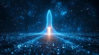 Glowing blue rocket launch silhouette against starry night sky with luminous particles and light effects creating magical space atmosphere.