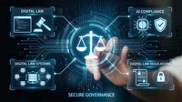 Professional hand touching digital justice scales interface with AI compliance, digital law systems, and secure governance technology elements on dark background.