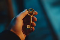 Vintage brass key held up against moody teal background, dramatic lighting creates mysterious atmosphere. Hand grasping ornate skeleton key in soft focus.