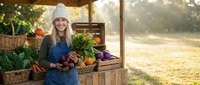 Young blonde woman in knit hat and apron selling fresh organic vegetables at rustic wooden farmers market stand during golden hour sunset.