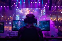 Professional esports player at gaming tournament with purple neon lighting, dual monitors and stadium screens in background, competitive gaming atmosphere.